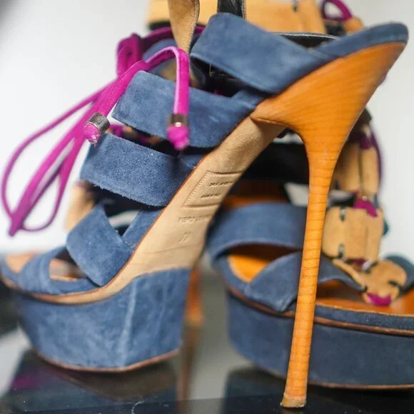 DSQUARED2 SS2012 Ankle Wrap Blue/Fuchsia Suede Platform Sandals - Picture 5 of 8